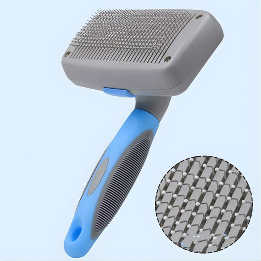 Pet grooming brush with blue handle and gray bristles on a light blue background