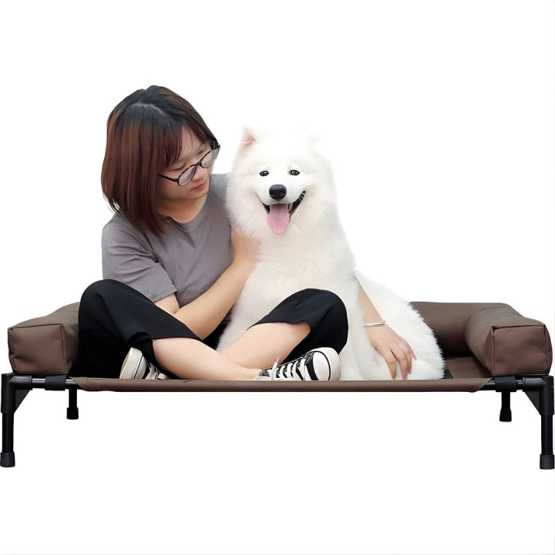 Woman sitting on a pet bed with a white dog