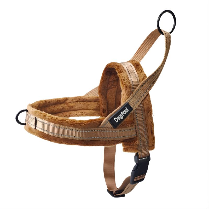 Brown dog harness with visible 'DogPac' branding on a white background