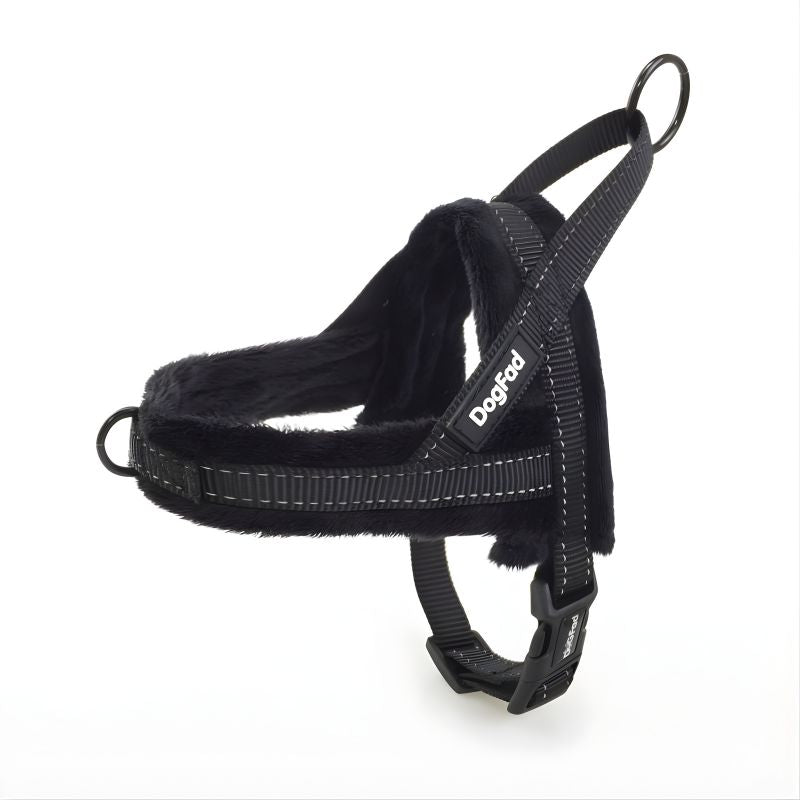 Black dog harness with a visible brand logo on a white background