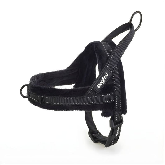 Black dog harness with a visible brand logo on a white background