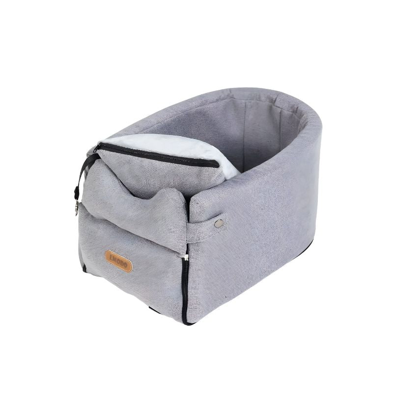 Gray pet carrier with a white interior on a white background