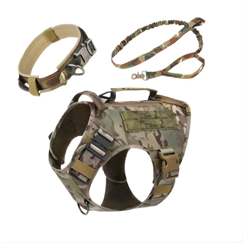 Camouflage dog harness, collar, and leash set on a white background