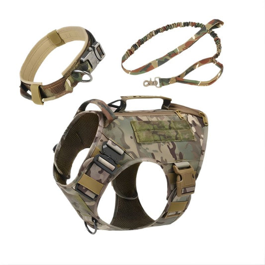 Camouflage dog harness, collar, and leash set on a white background