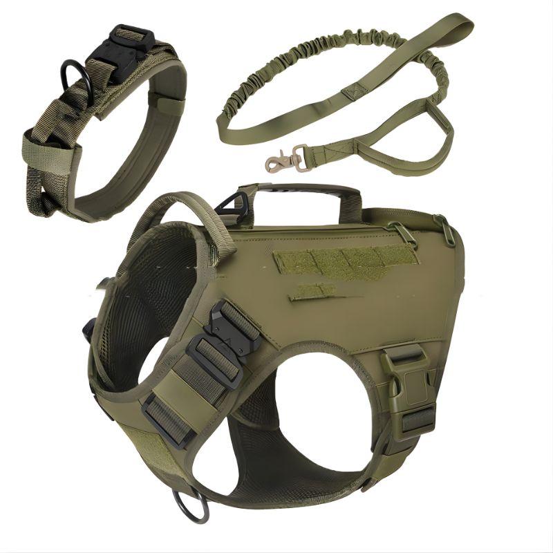 Olive green tactical dog harness with leash on a white background