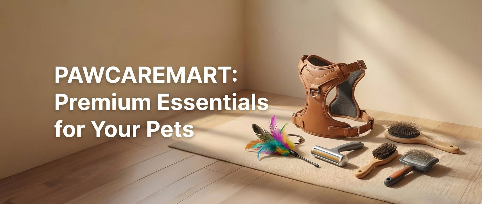 Pet grooming products including a leather harness, brushes, and feather toys on a wooden floor with 'PAWCAREMART' branding.